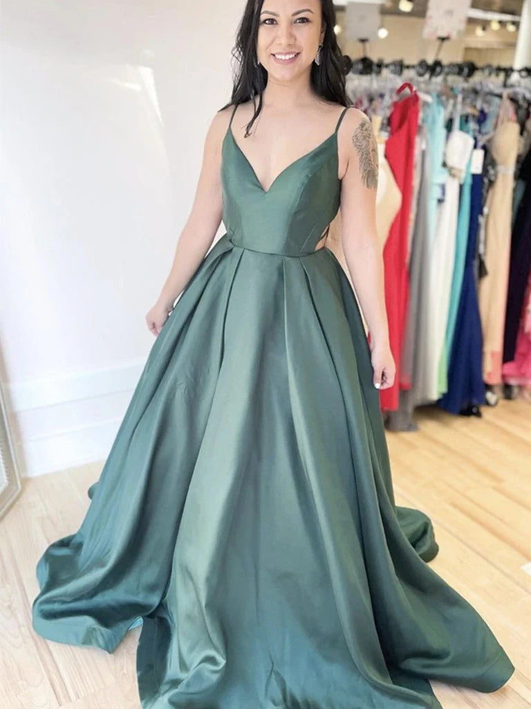 Elegant A Line V Neck Open Back Satin Green Floor Length Prom Dress