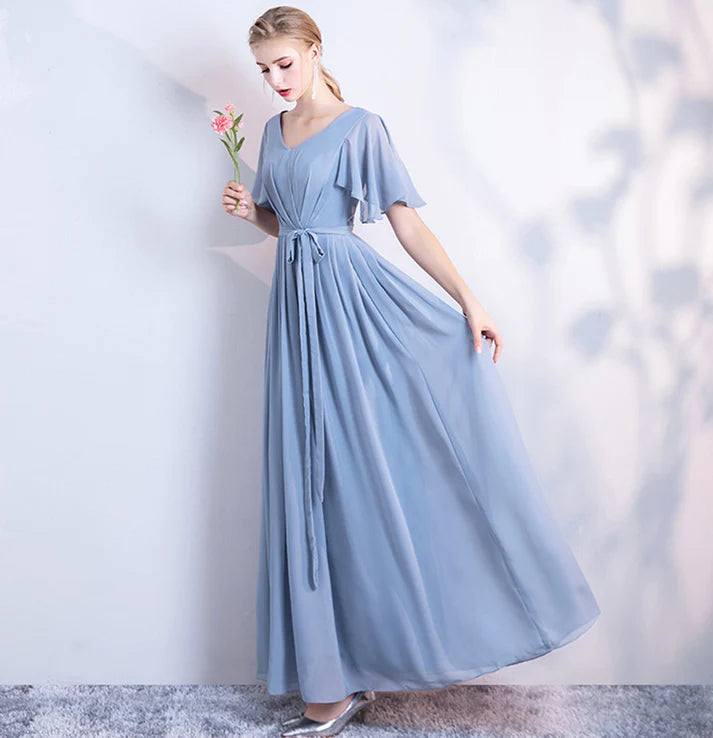 Elegant A line Chiffon Blue Full Length Bridesmaid Dress For Women