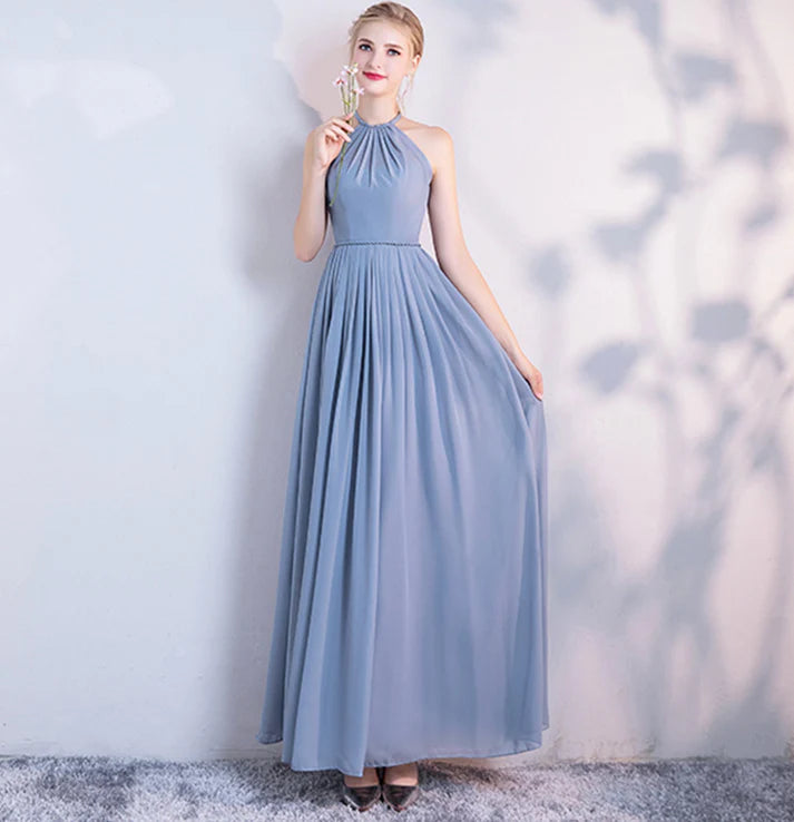 Elegant A line Chiffon Blue Full Length Bridesmaid Dress For Women