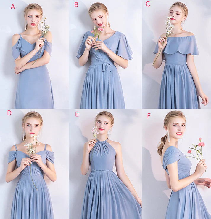 Elegant A line Chiffon Blue Full Length Bridesmaid Dress For Women