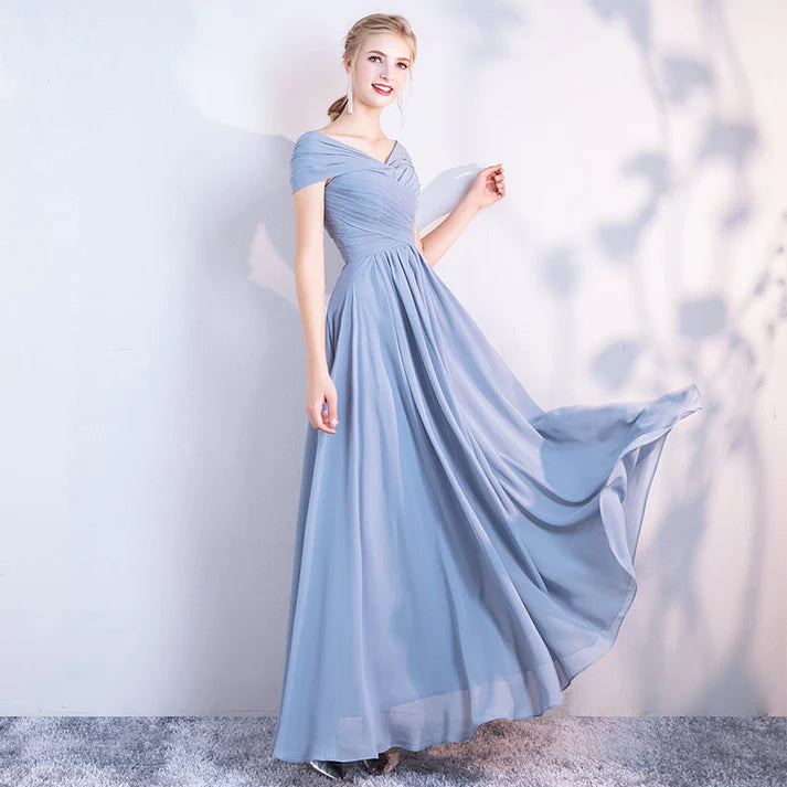 Elegant A line Chiffon Blue Full Length Bridesmaid Dress For Women