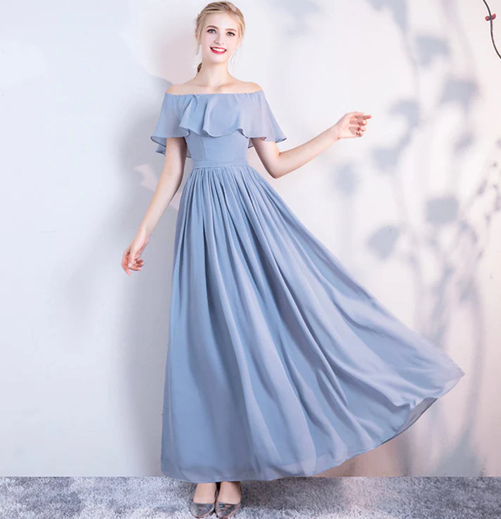 Elegant A line Chiffon Blue Full Length Bridesmaid Dress For Women