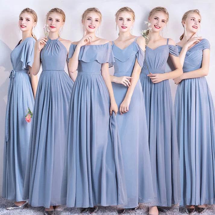 Elegant A line Chiffon Blue Full Length Bridesmaid Dress For Women