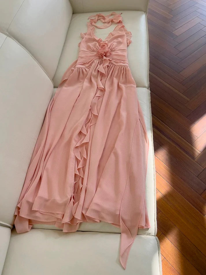 Elegant A line Halter Ruffle Chiffon Pink Long Evening Dress Prom Dress
