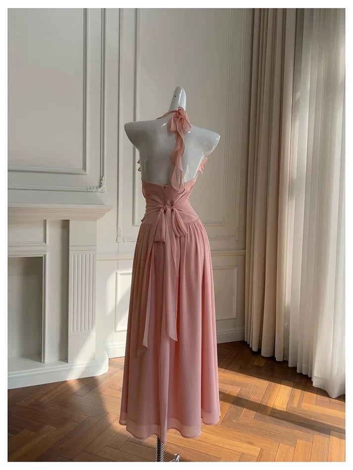 Elegant A line Halter Ruffle Chiffon Pink Long Evening Dress Prom Dress
