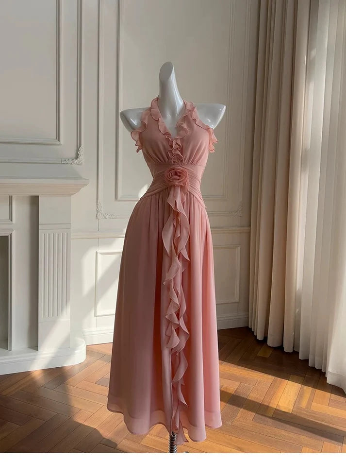 Elegant A line Halter Ruffle Chiffon Pink Long Evening Dress Prom Dress