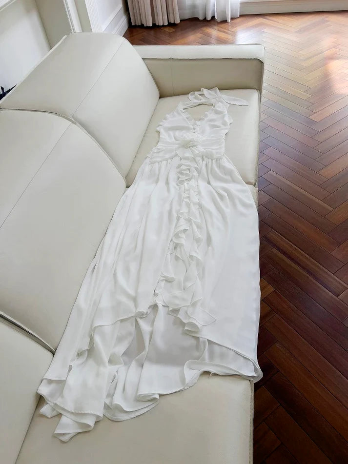Elegant A line Halter Ruffle Chiffon White Long Evening Dress Prom Dress