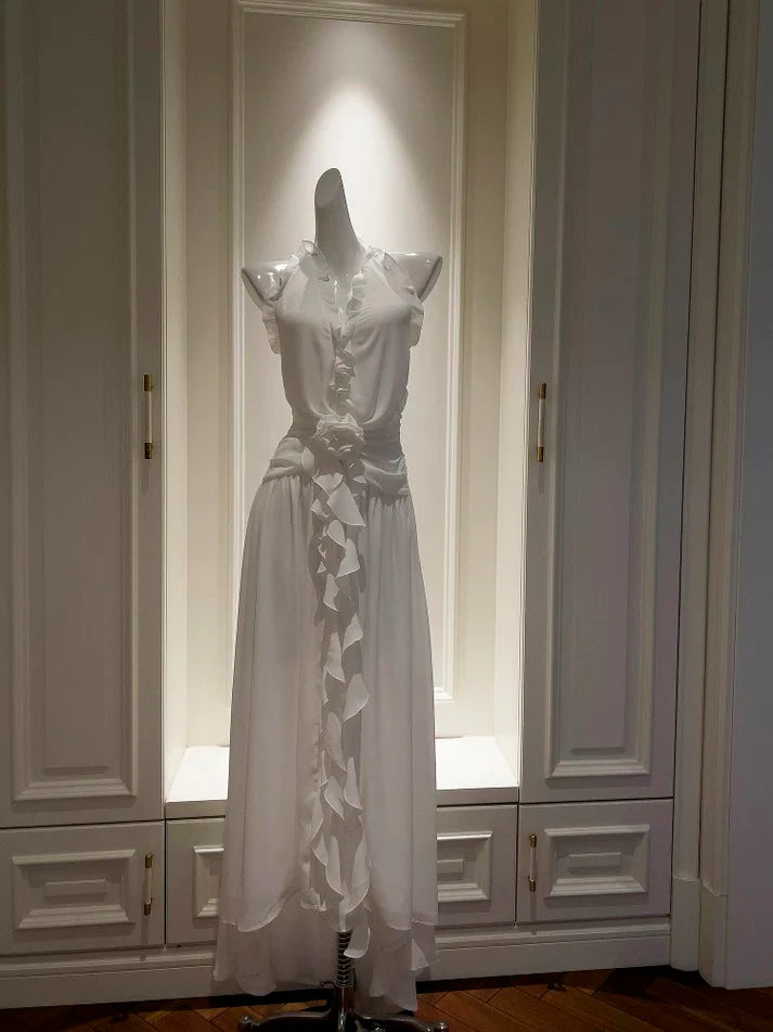 Elegant A line Halter Ruffle Chiffon White Long Evening Dress Prom Dress