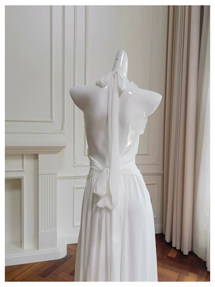Elegant A line Halter Ruffle Chiffon White Long Evening Dress Prom Dress