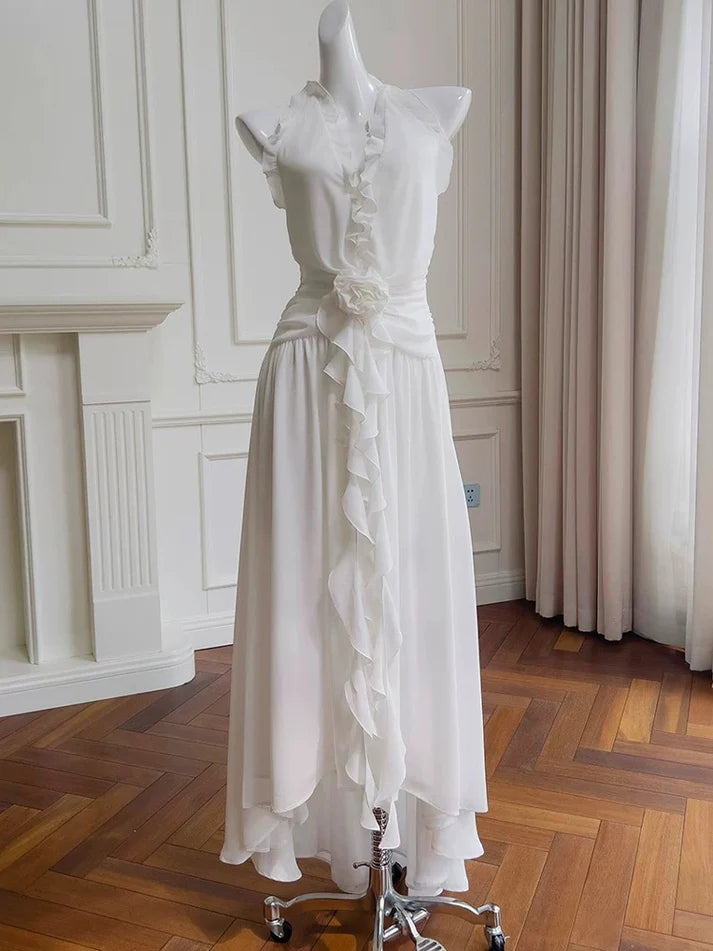 Elegant A line Halter Ruffle Chiffon White Long Evening Dress Prom Dress