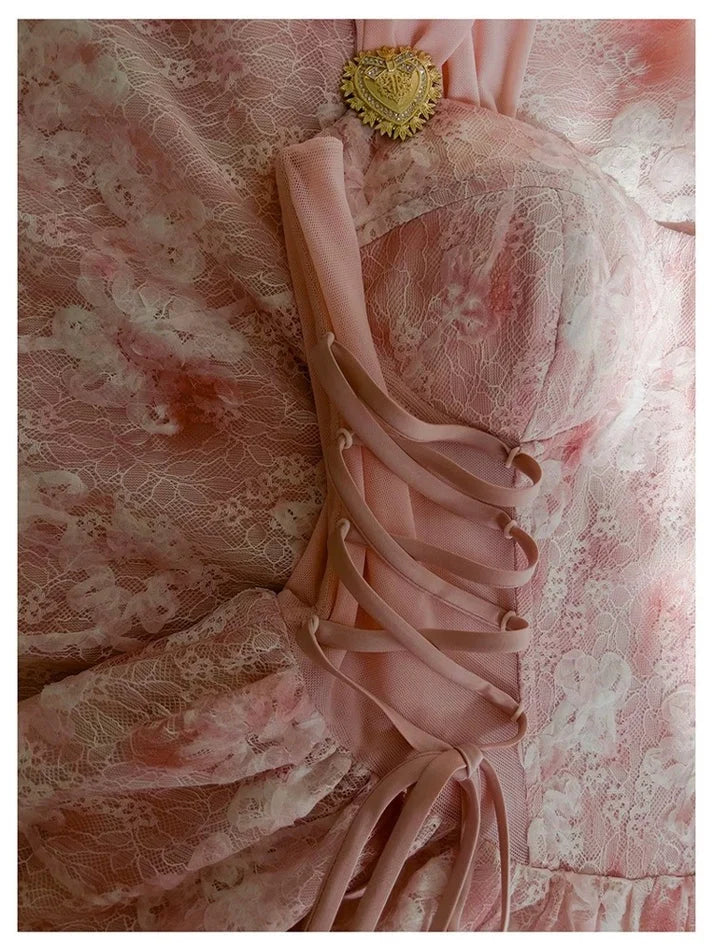 Elegant A line Square Neck Floral Lace Pink Long Evening Dress Prom Dress