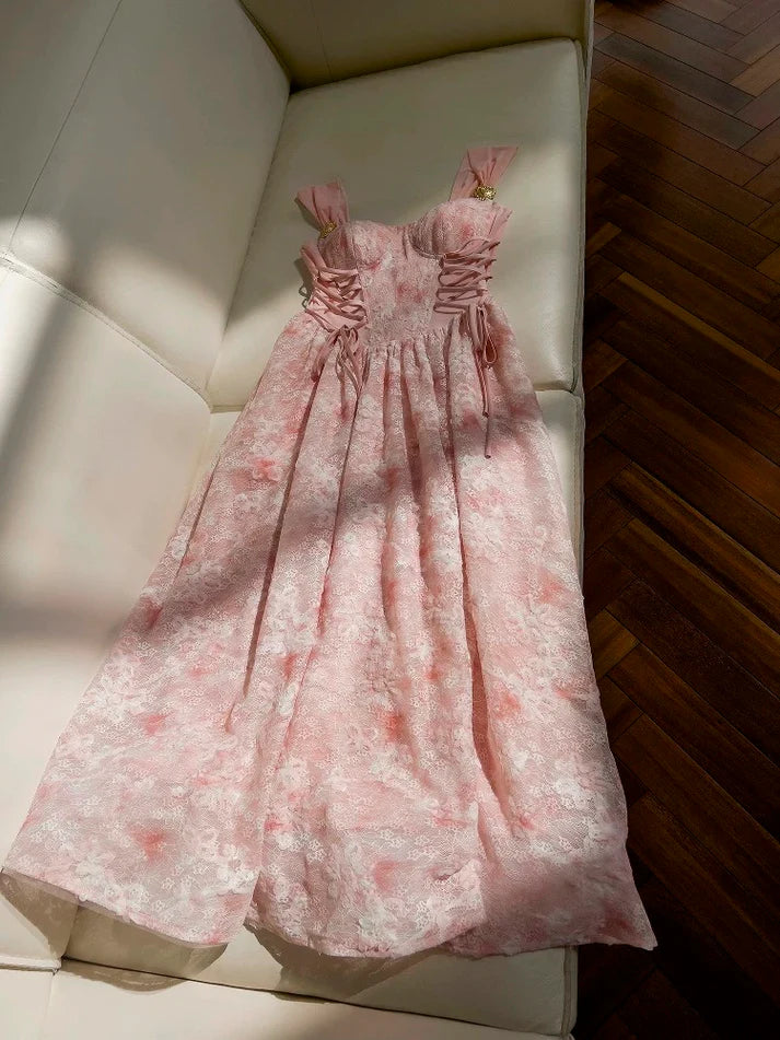 Elegant A line Square Neck Floral Lace Pink Long Evening Dress Prom Dress