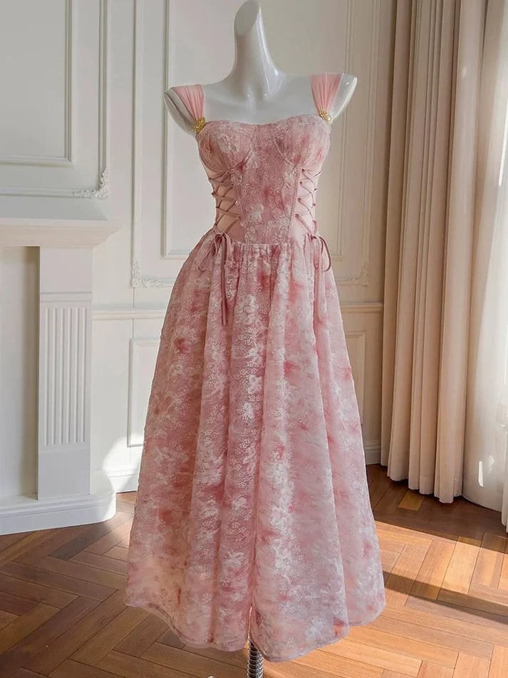 Elegant A line Square Neck Floral Lace Pink Long Evening Dress Prom Dress