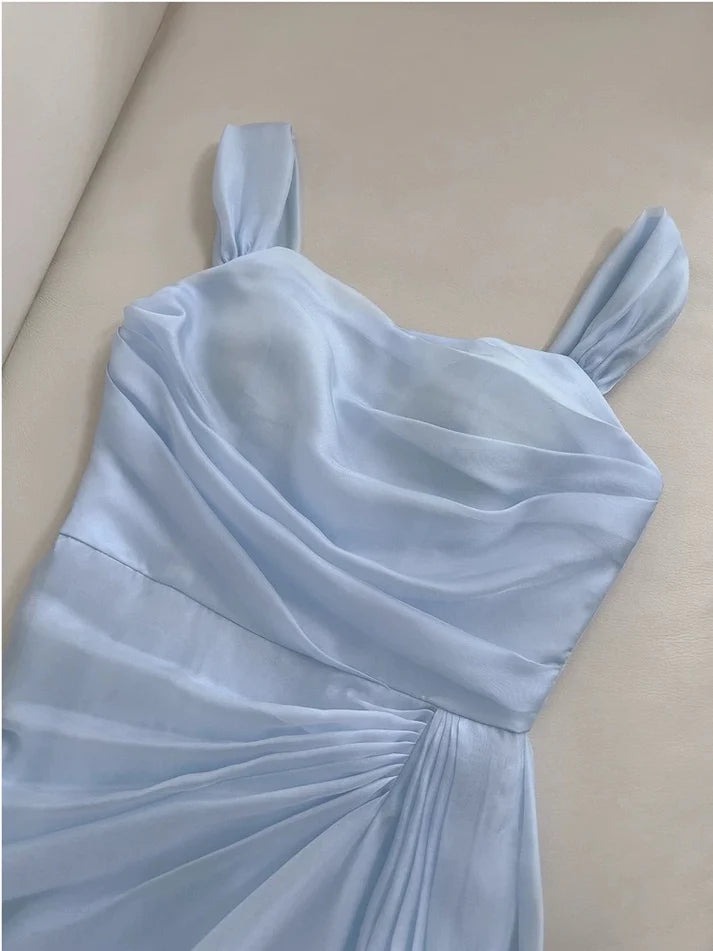 Elegant A line Square Neck Chiffon Light Sky Blue Long Evening Dress Prom Dress