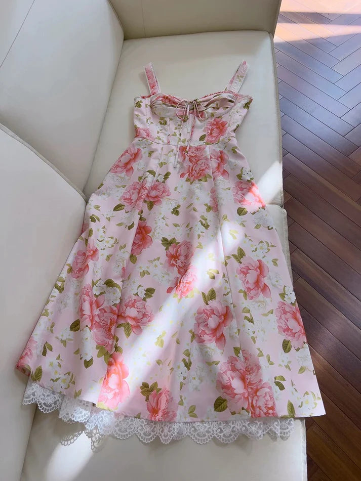 Elegant A line Sweetheart Floral Chiffon Pink Long Evening Dress Party Dress