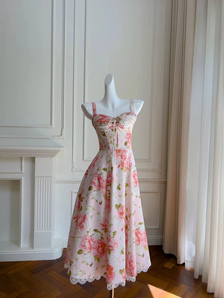 Elegant A line Sweetheart Floral Chiffon Pink Long Evening Dress Party Dress