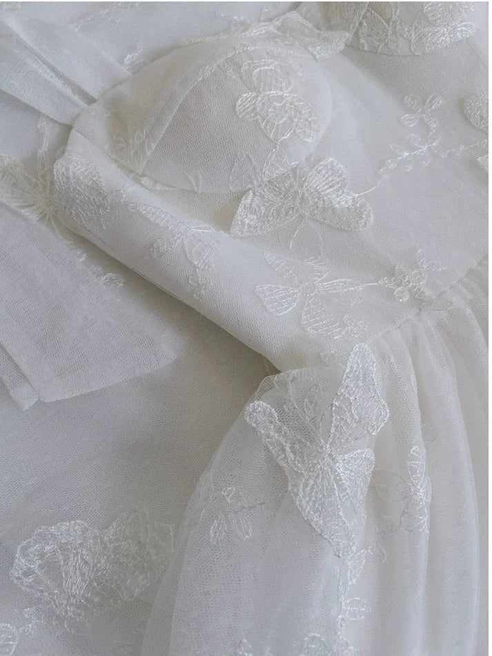 Elegant A line Tie Straps Applique Lace White Long Evening Dress Prom Dress
