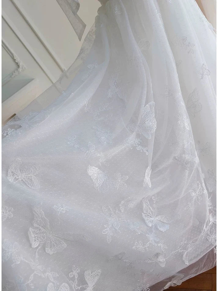 Elegant A line Tie Straps Applique Lace White Long Evening Dress Prom Dress