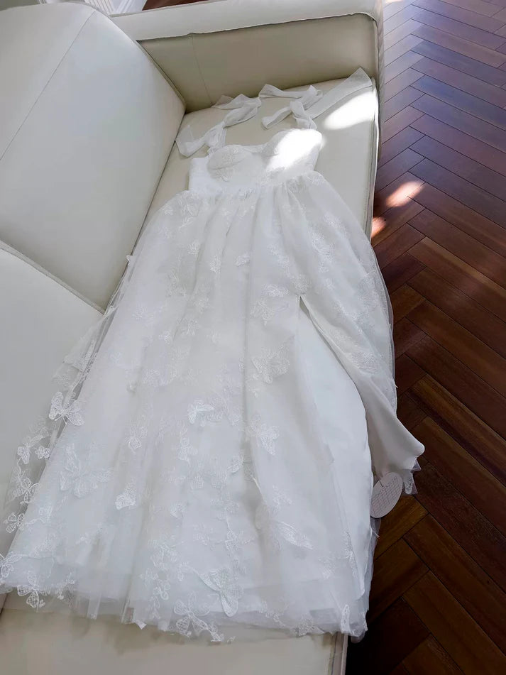 Elegant A line Tie Straps Applique Lace White Long Evening Dress Prom Dress