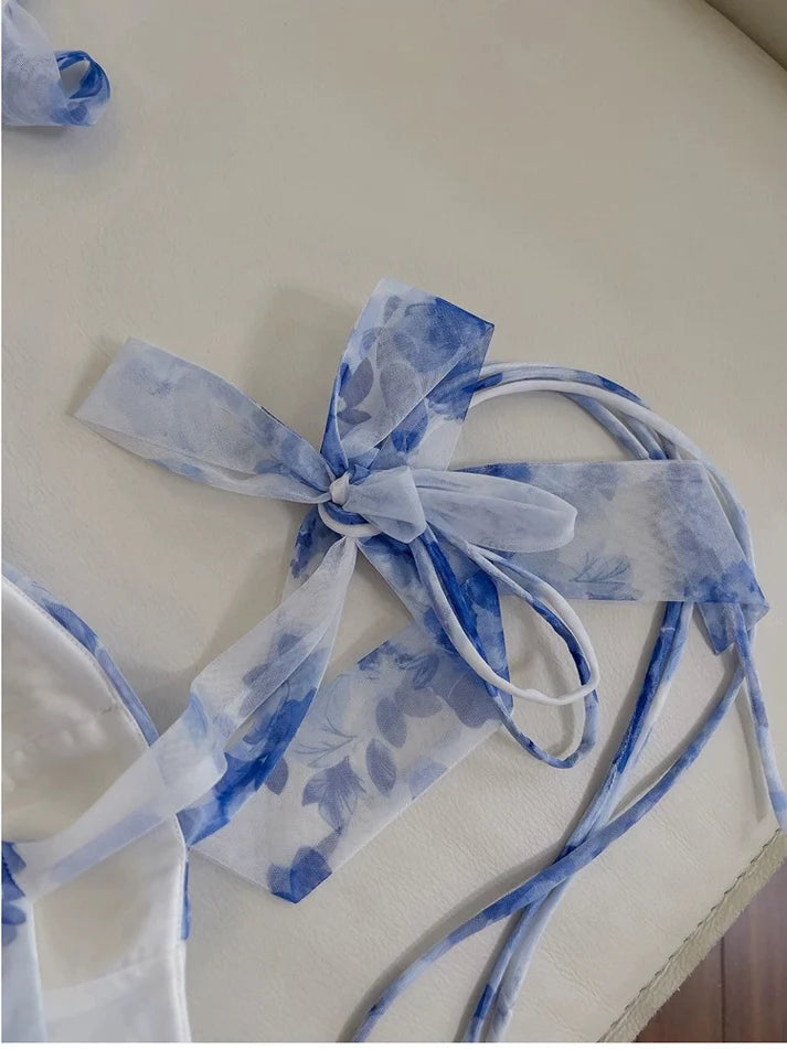 Elegant A line Tie Straps Floral Chiffon Light Sky Blue Long Evening Dress