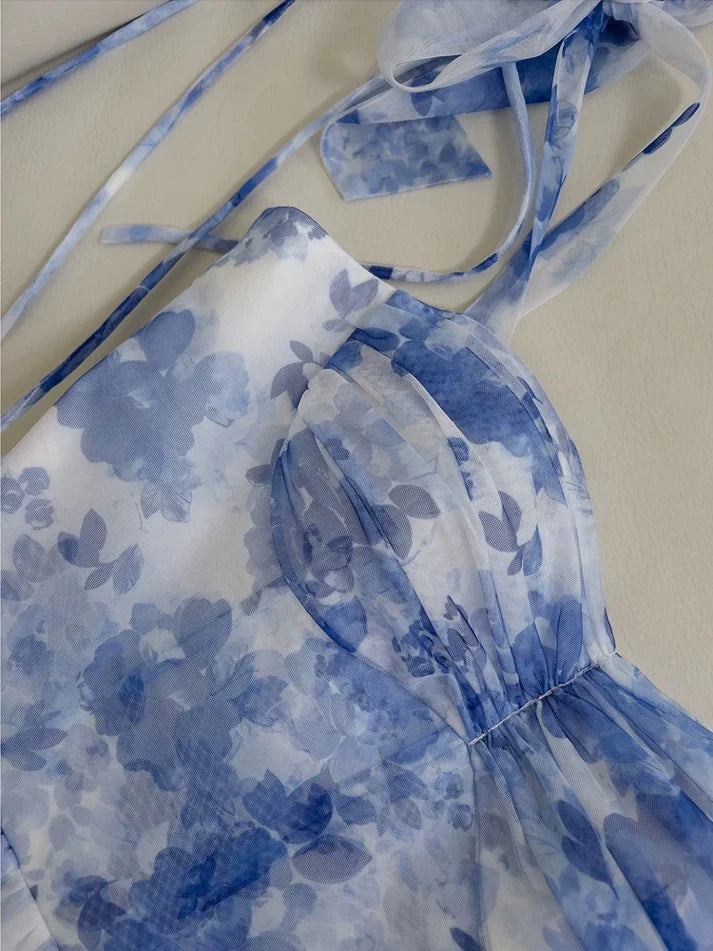 Elegant A line Tie Straps Floral Chiffon Light Sky Blue Long Evening Dress