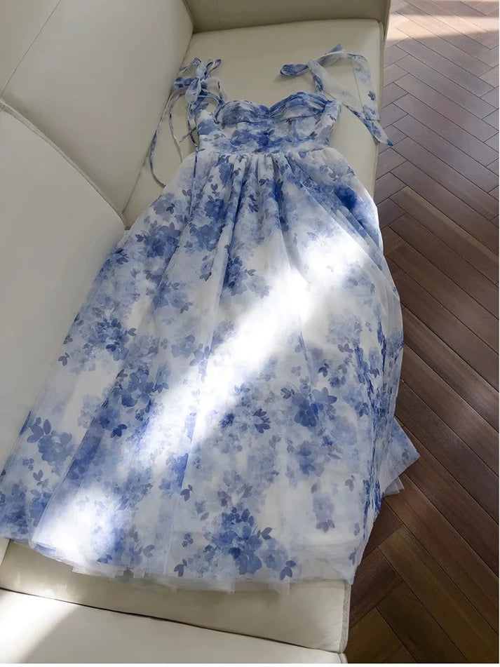 Elegant A line Tie Straps Floral Chiffon Light Sky Blue Long Evening Dress