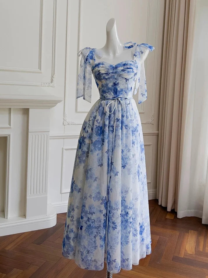 Elegant A line Tie Straps Floral Chiffon Light Sky Blue Long Evening Dress