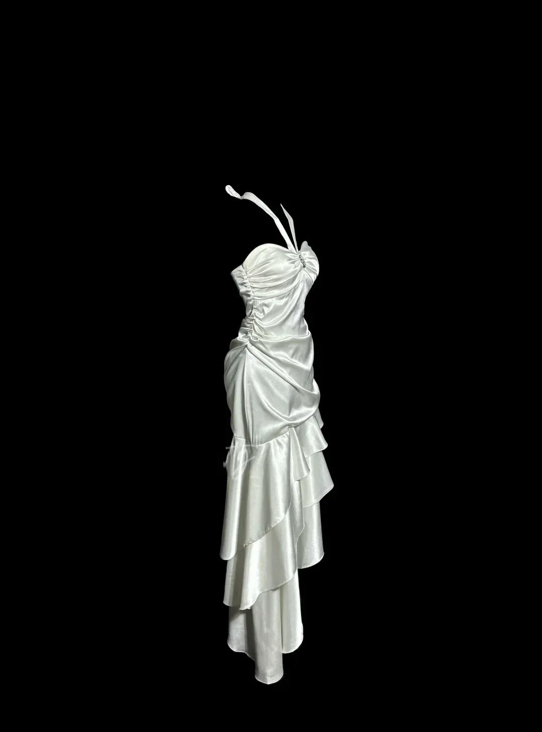 Elegant Asymmetrical Halter-Neck Sleeveless Ruffled Satin Ivory Evening Dress for Women