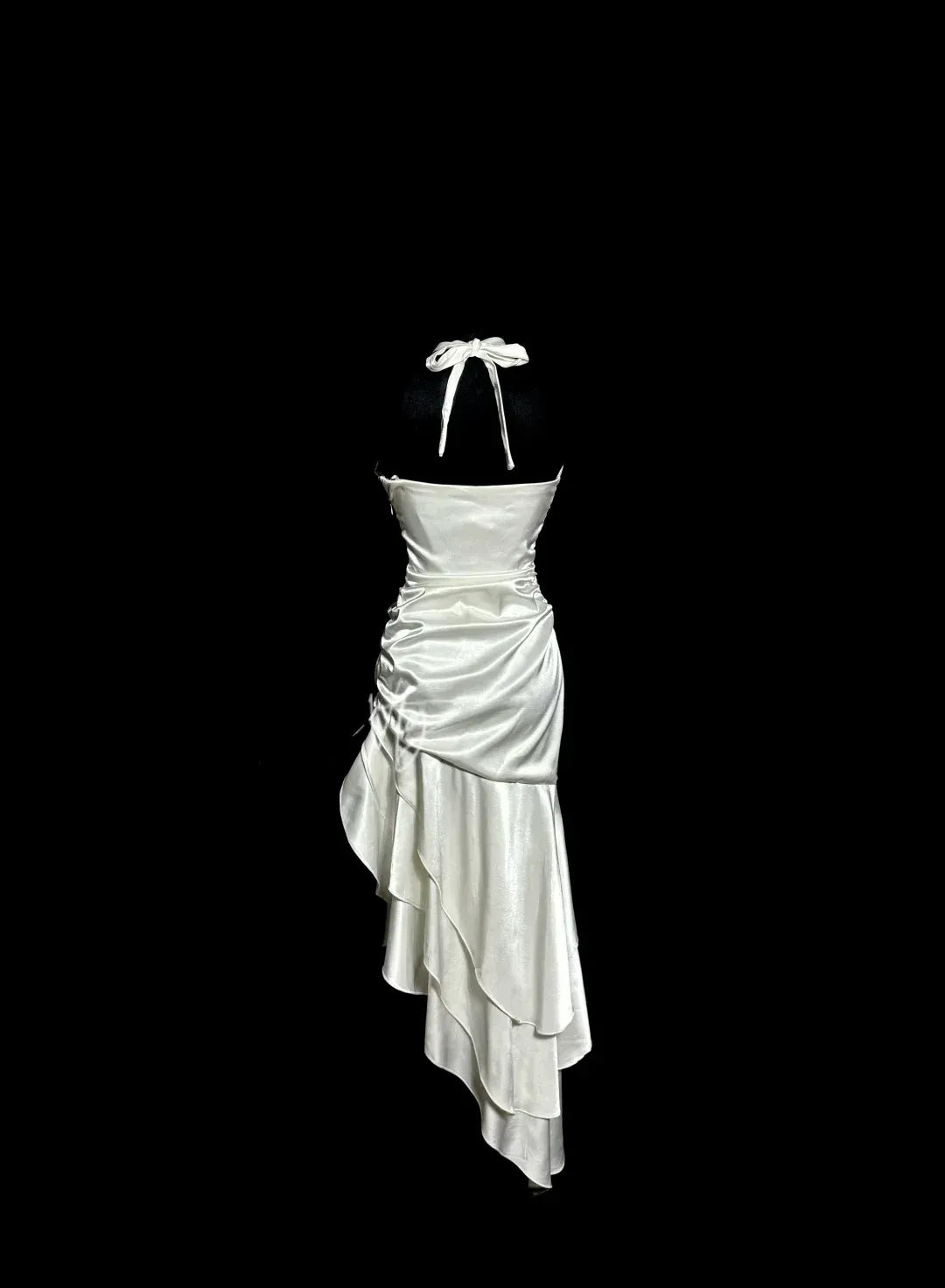 Elegant Asymmetrical Halter-Neck Sleeveless Ruffled Satin Ivory Evening Dress for Women