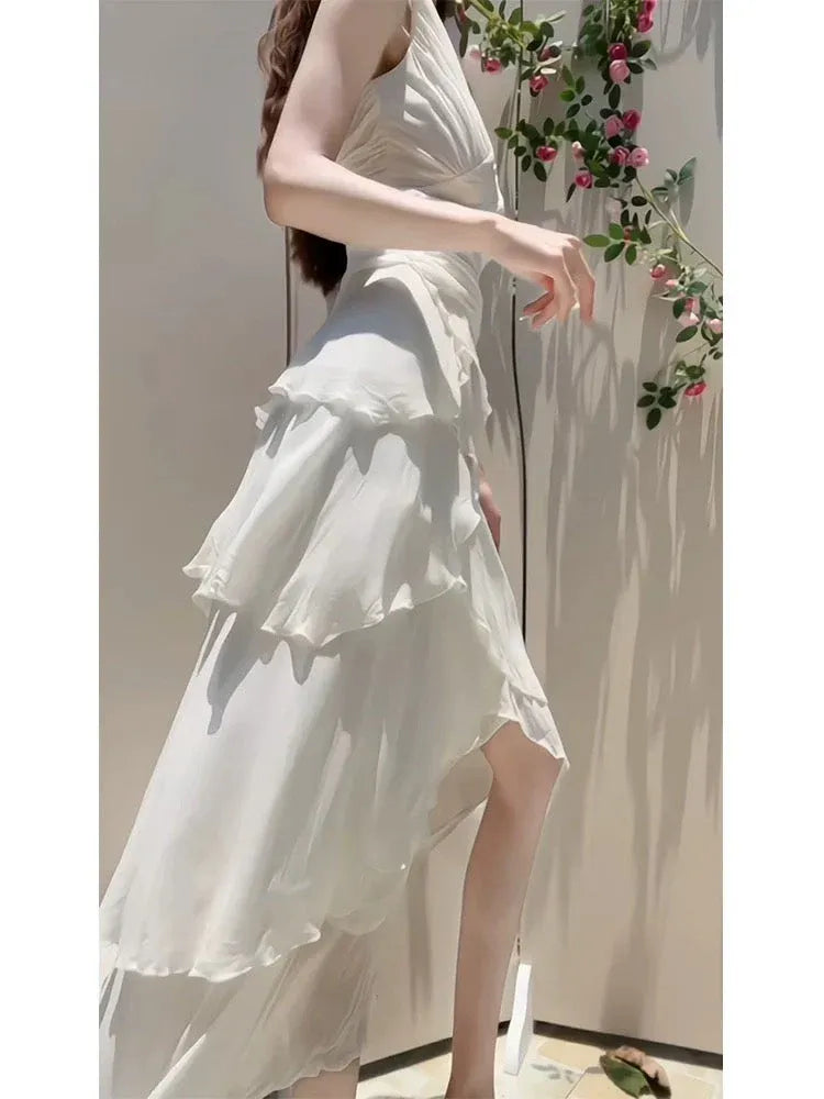 Elegant Asymmetrical V-Neck Sleeveless Tiered Ivory Hi-Lo Prom Dress for Women For Sale