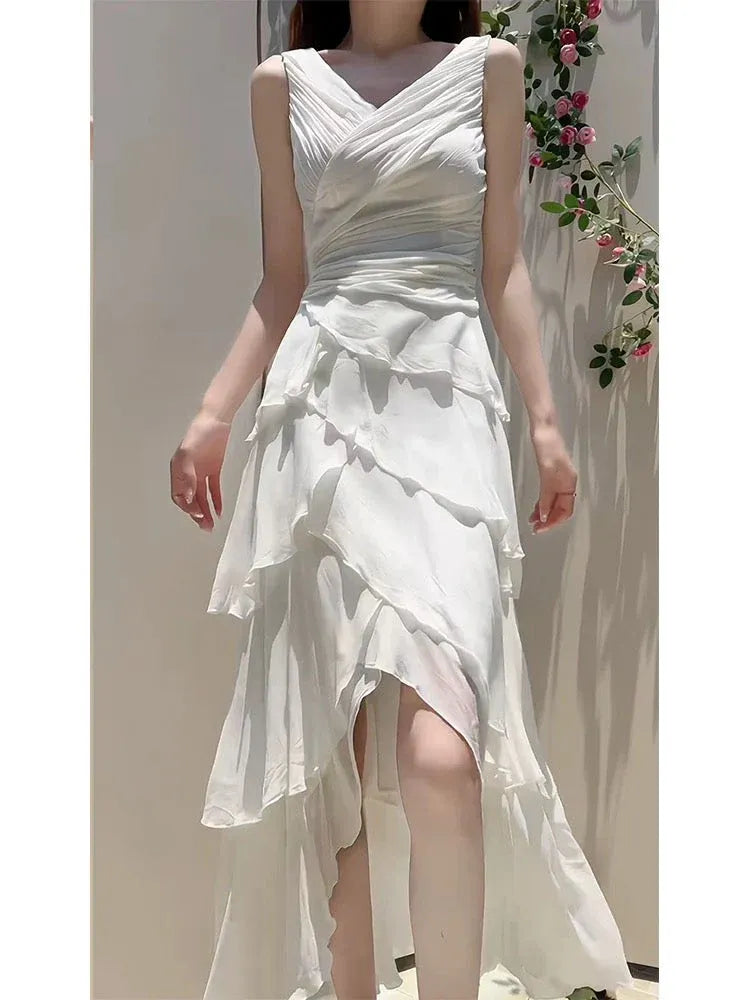 Elegant Asymmetrical V-Neck Sleeveless Tiered Ivory Hi-Lo Prom Dress for Women For Sale