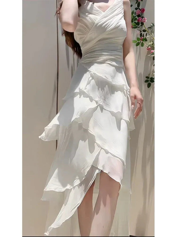 Elegant Asymmetrical V-Neck Sleeveless Tiered Ivory Hi-Lo Prom Dress for Women For Sale