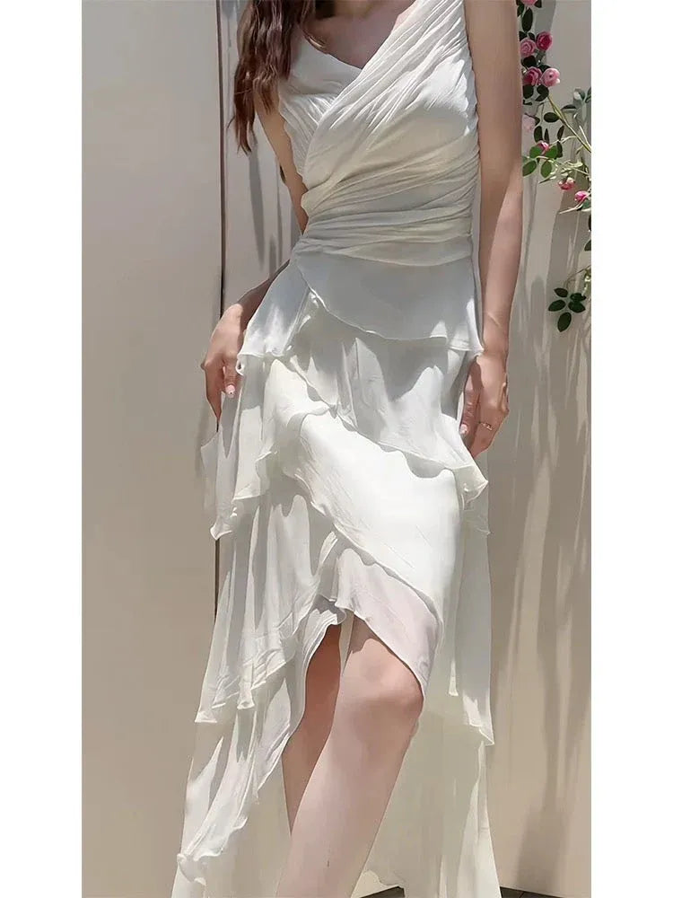 Elegant Asymmetrical V-Neck Sleeveless Tiered Ivory Hi-Lo Prom Dress for Women For Sale