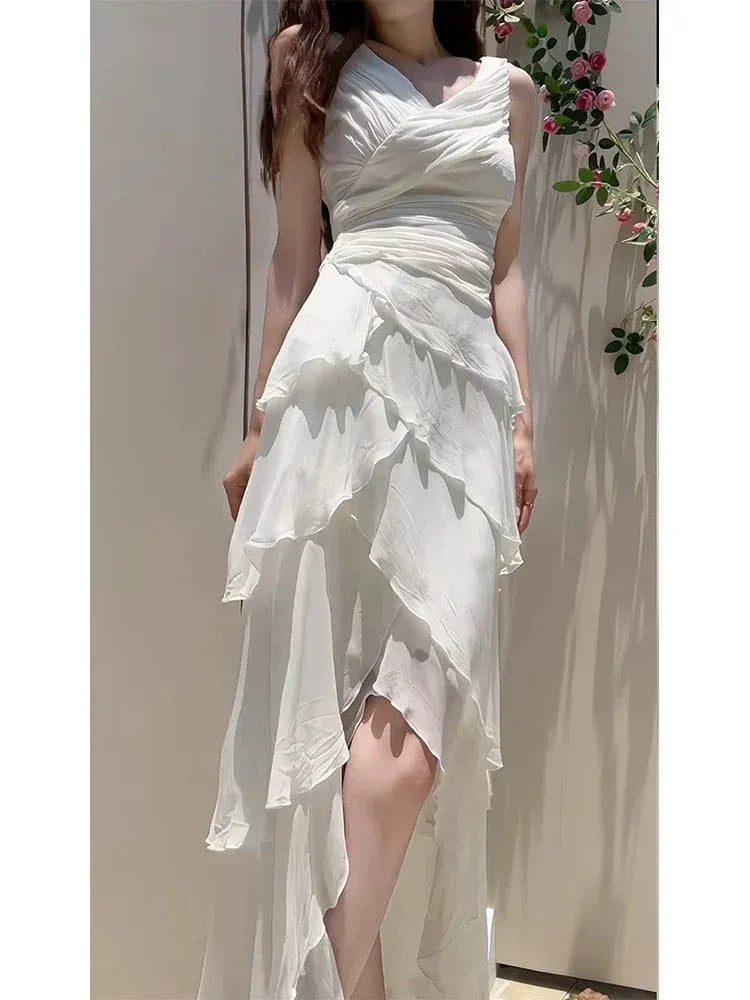 Elegant Asymmetrical V-Neck Sleeveless Tiered Ivory Hi-Lo Prom Dress for Women For Sale