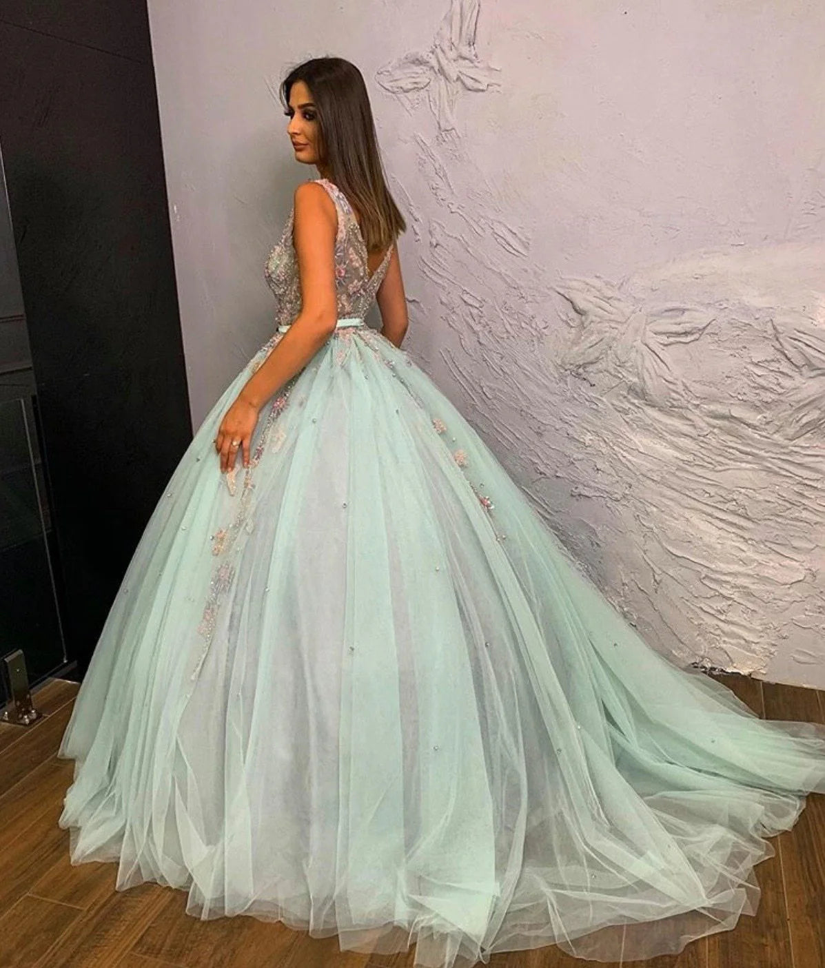 Elegant Ball Gown Deep V Neck Embroidery Beaded Tulle Mint Green Prom Dress