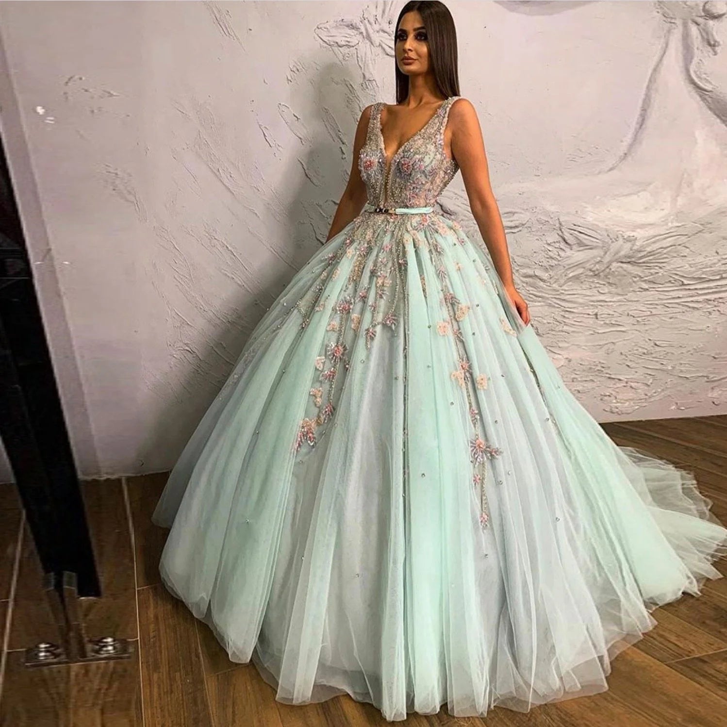Elegant Ball Gown Deep V Neck Embroidery Beaded Tulle Mint Green Prom Dress