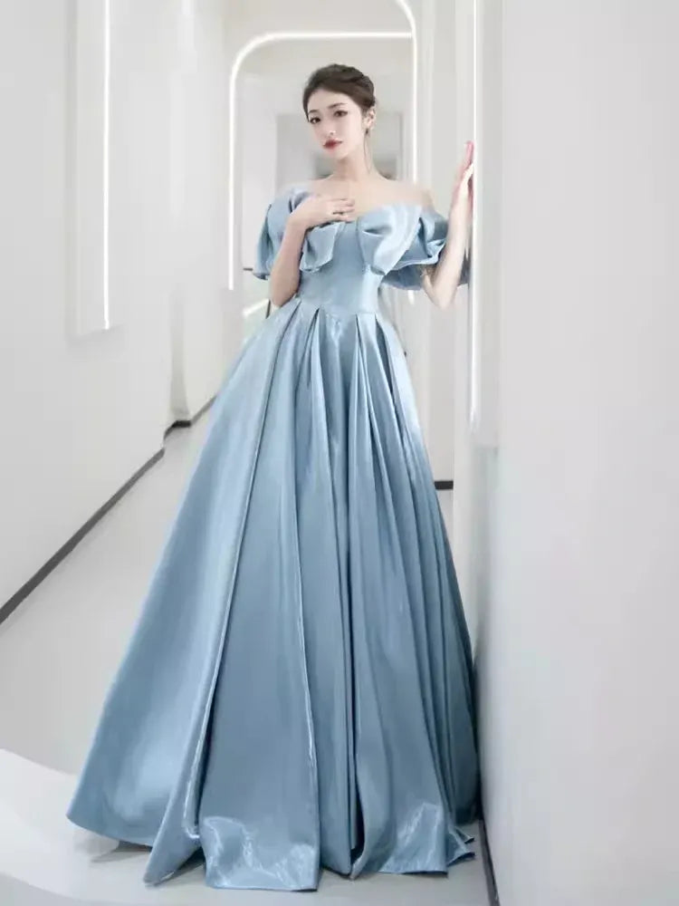 Elegant Ballgown Off-Shoulder Bow-Accented Sky Blue Maxi Prom Dress for Women ready to ship