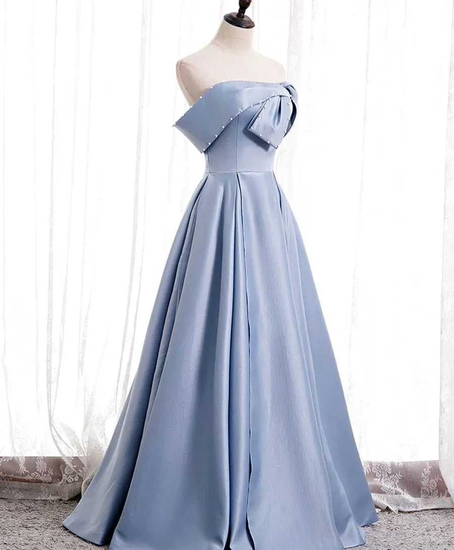 Elegant Ballgown Off-Shoulder Pearl-Bow Dusty Blue Long Prom Dress for Women Ready to Ship