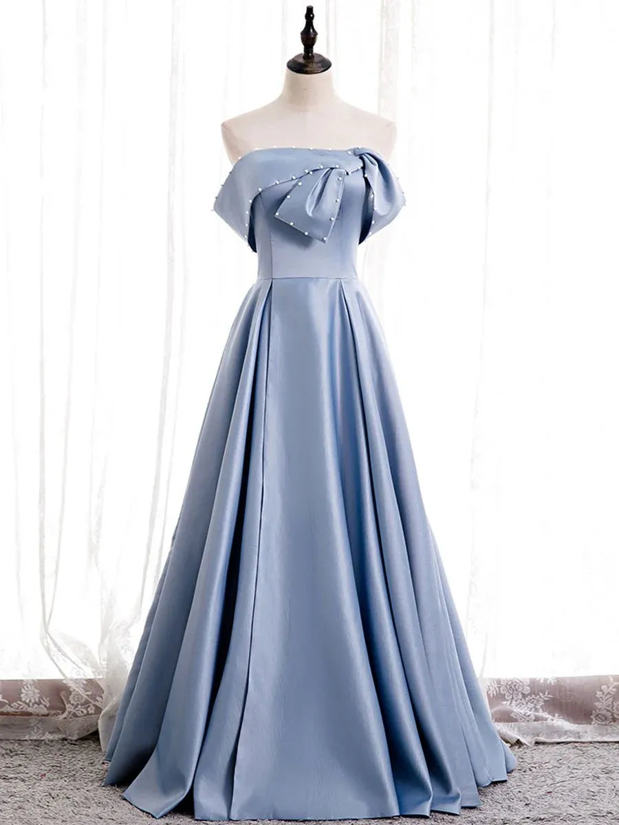 Elegant Ballgown Off-Shoulder Pearl-Bow Dusty Blue Long Prom Dress for Women Ready to Ship