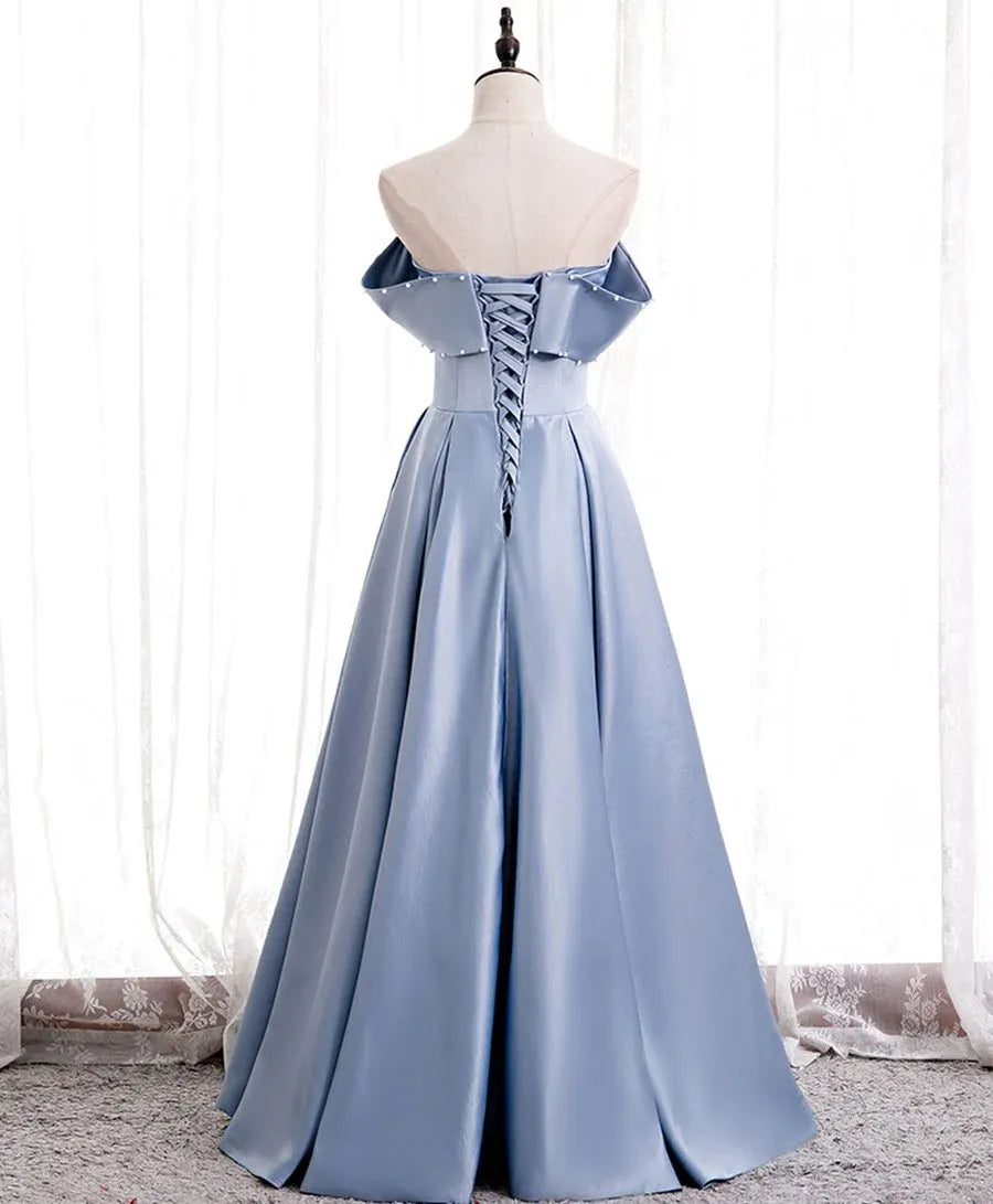 Elegant Ballgown Off-Shoulder Pearl-Bow Dusty Blue Long Prom Dress for Women Ready to Ship