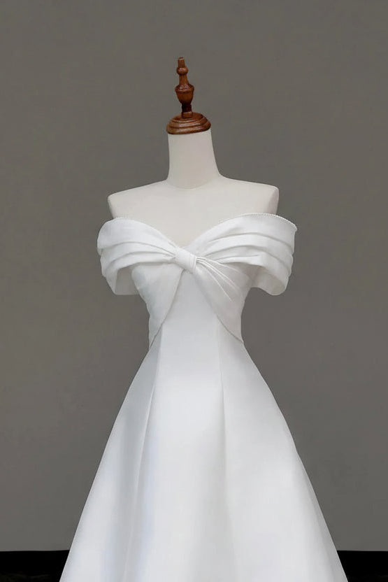 Elegant Ballgown Off-Shoulder Sleeveless Bow-Trim White Floor-Length Prom Dress for Women