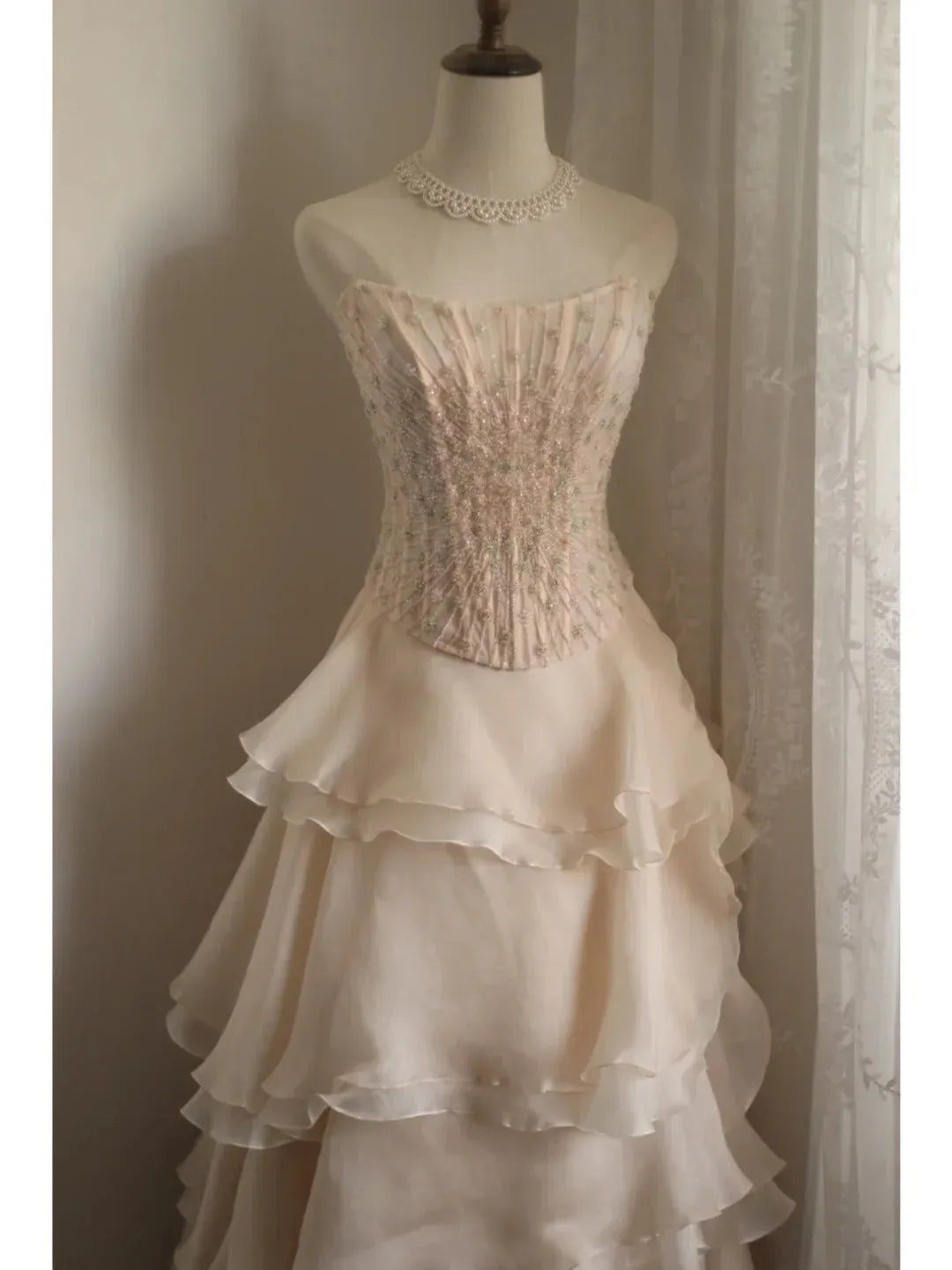 Elegant Ballgown Strapless Beaded Champagne Long Prom Dress for Women Ready to Ship