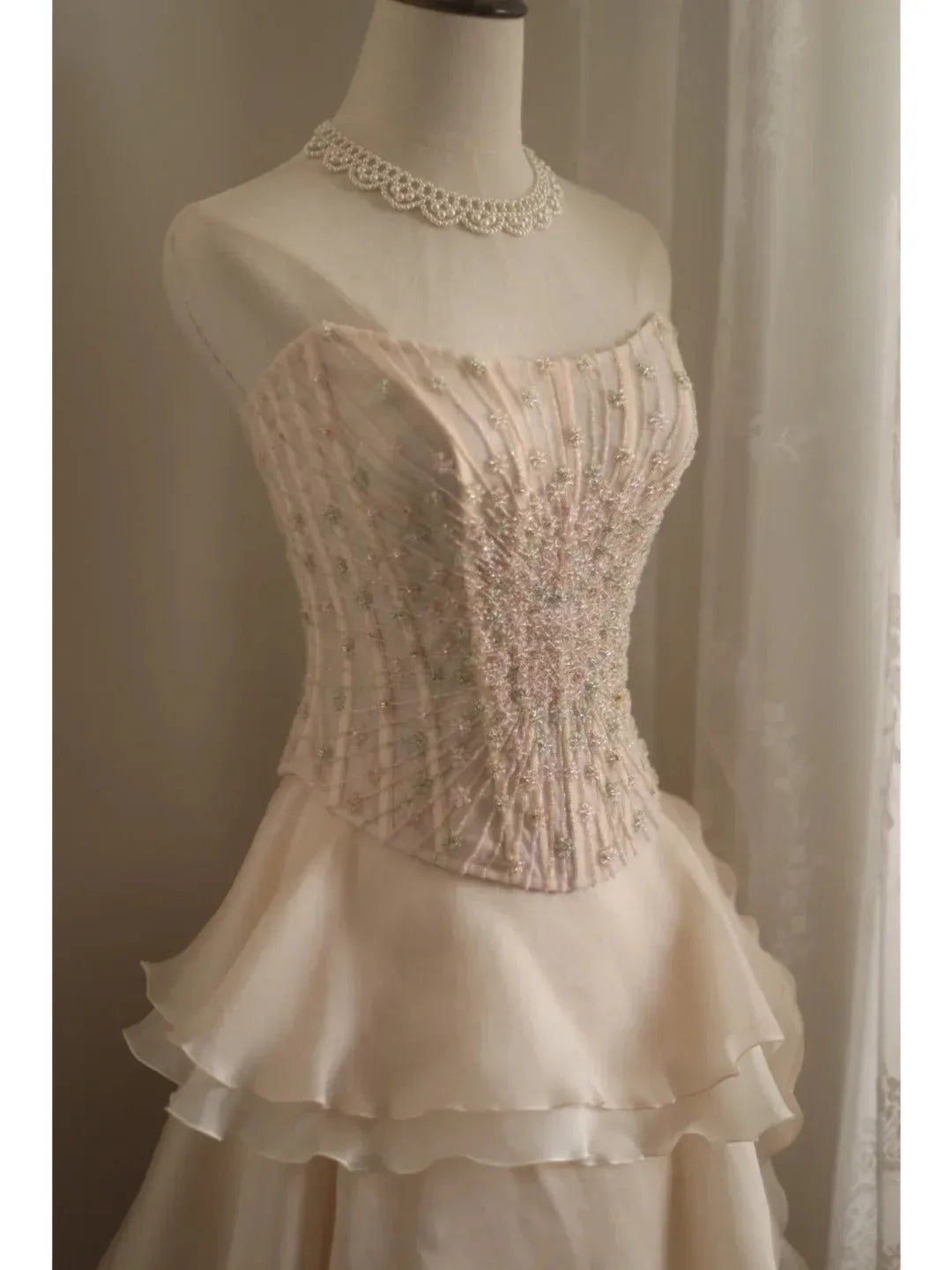 Elegant Ballgown Strapless Beaded Champagne Long Prom Dress for Women Ready to Ship