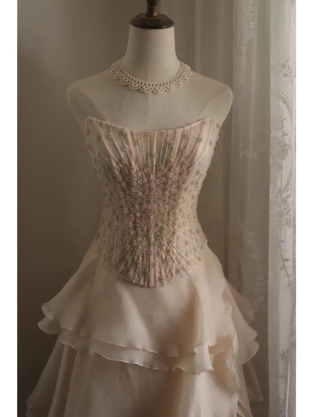 Elegant Ballgown Strapless Beaded Champagne Long Prom Dress for Women Ready to Ship