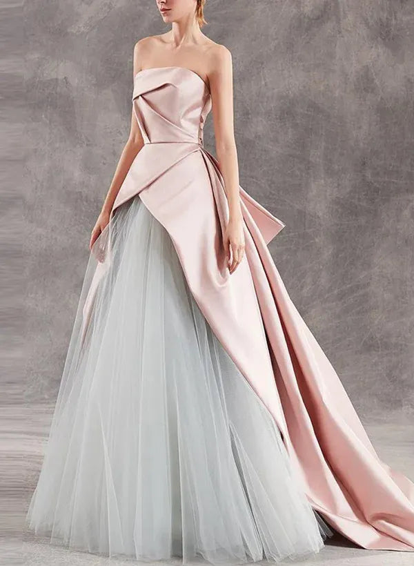 Elegant Ballgown Strapless Draped Asymmetric Tulle Satin Pink Train Prom Dress