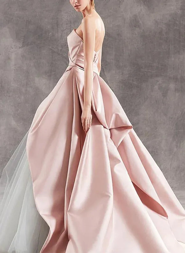 Elegant Ballgown Strapless Draped Asymmetric Tulle Satin Pink Train Prom Dress