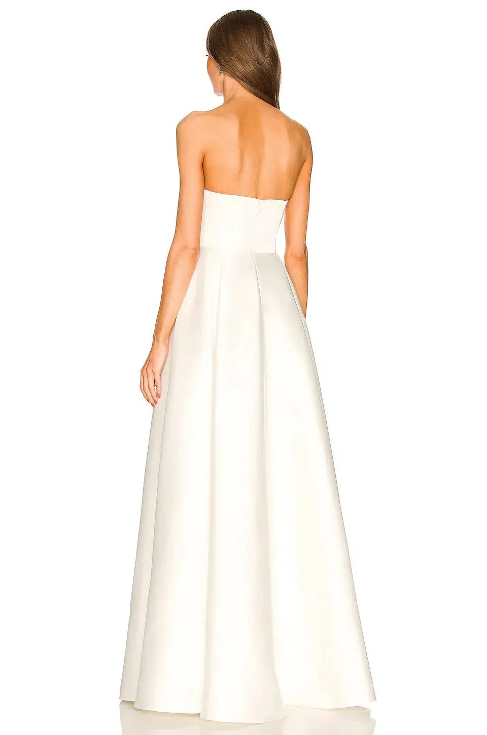 Elegant A-line Strapless Pleated Satin White Floor-Length Wedding Dress with Pockets No Veil
