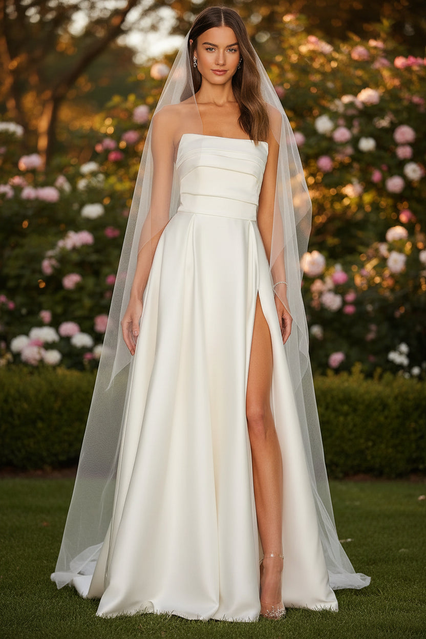 Elegant A-line Strapless Pleated Satin White Floor-Length Wedding Dress with Pockets No Veil