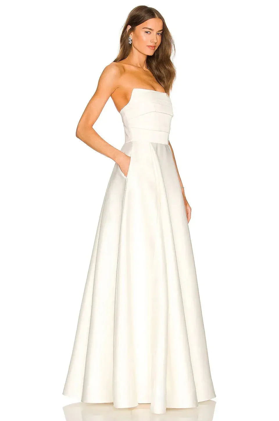 Elegant A-line Strapless Pleated Satin White Floor-Length Wedding Dress with Pockets No Veil