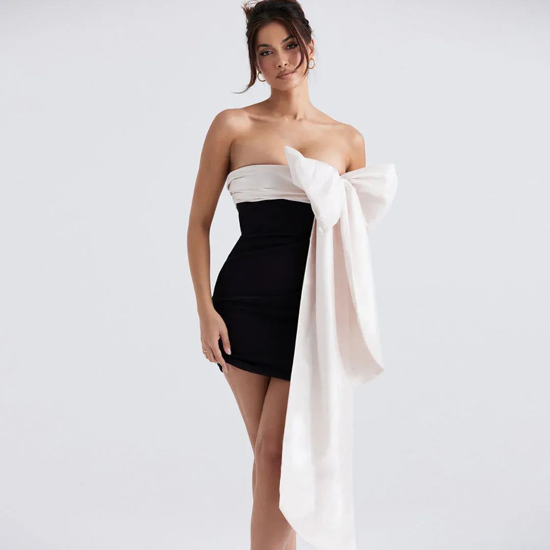 Elegant Bodycon Strapless Bowknot Two-Tone Black Mini Homecoming Dress For Sale